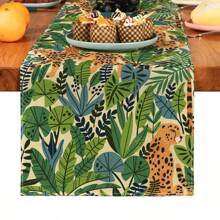 1pc Green Plant & Leopard Printed Table Runner, Suitable For Festivals, Parties, Birthdays, Dinners, Kitchen, Dining Room, Room Decor, Home Textile Decoration, All Seasons