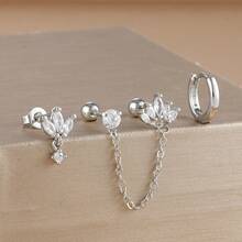 Set de 3 piezas de aretes de aro abrazador con flores de circonita chapadas en oro de 18K, aretes de cartílago Helix Daith de doble orificio con cadena, regalo de joyería para niñas - Flor3 - Ver 6