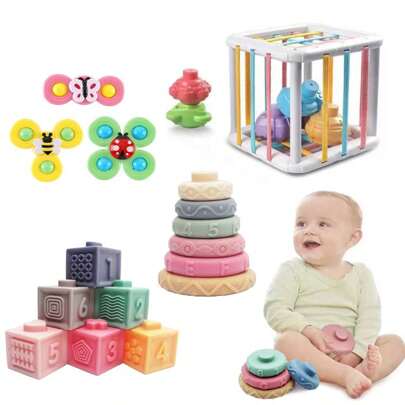 4-In-1 Baby Toys For 6-12 Months, Montessori Baby Toys For 6-18 Months, Infant Teething Toys Stacking Blocks Sensory Bucket, Sensory Education Learning Gift For 1-3 Years Old Toddlers