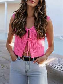 Women's Casual Front Bow Knitted Cardigan, Elegant Versatile For Spring And Summer - Rose Red - View 1