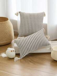 1 pieza/2 piezas Fundas de cojín con estampado de rayas grises y blancas, de tela de lona de algodón, con diseño de flecos en las cuatro esquinas, efecto bicolor, estilo nórdico para sala de estar, sofá, dormitorio, 30*50cm, 45*45cm