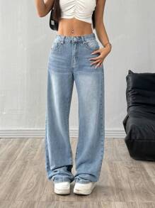 Mode Multi-Button Lichtblauwe Denim Casual Cowgirl Dames Lente En Zomer Losse Rechte Jeans