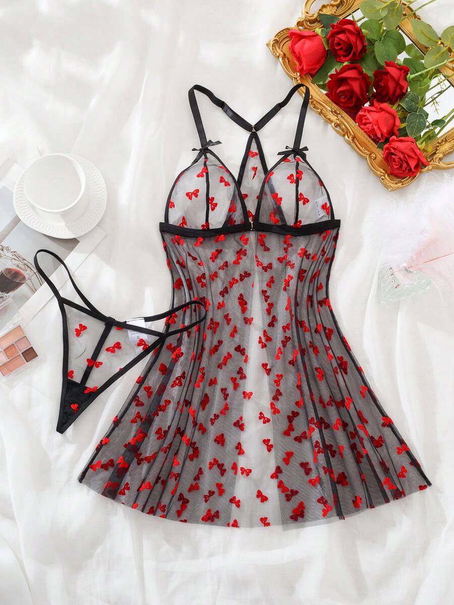 2pcs/Set Women Sexy Lingerie, Butterfly Flower Sheer Mesh Net Fabric With Flocked, Front Closure Backless Nightgown, Robe Set