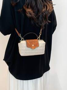 新款草编方形迷你包，专属海滩风小翻盖包，百搭单肩/斜挎女士小方形手提包，适合街头、派对、居家、春夏