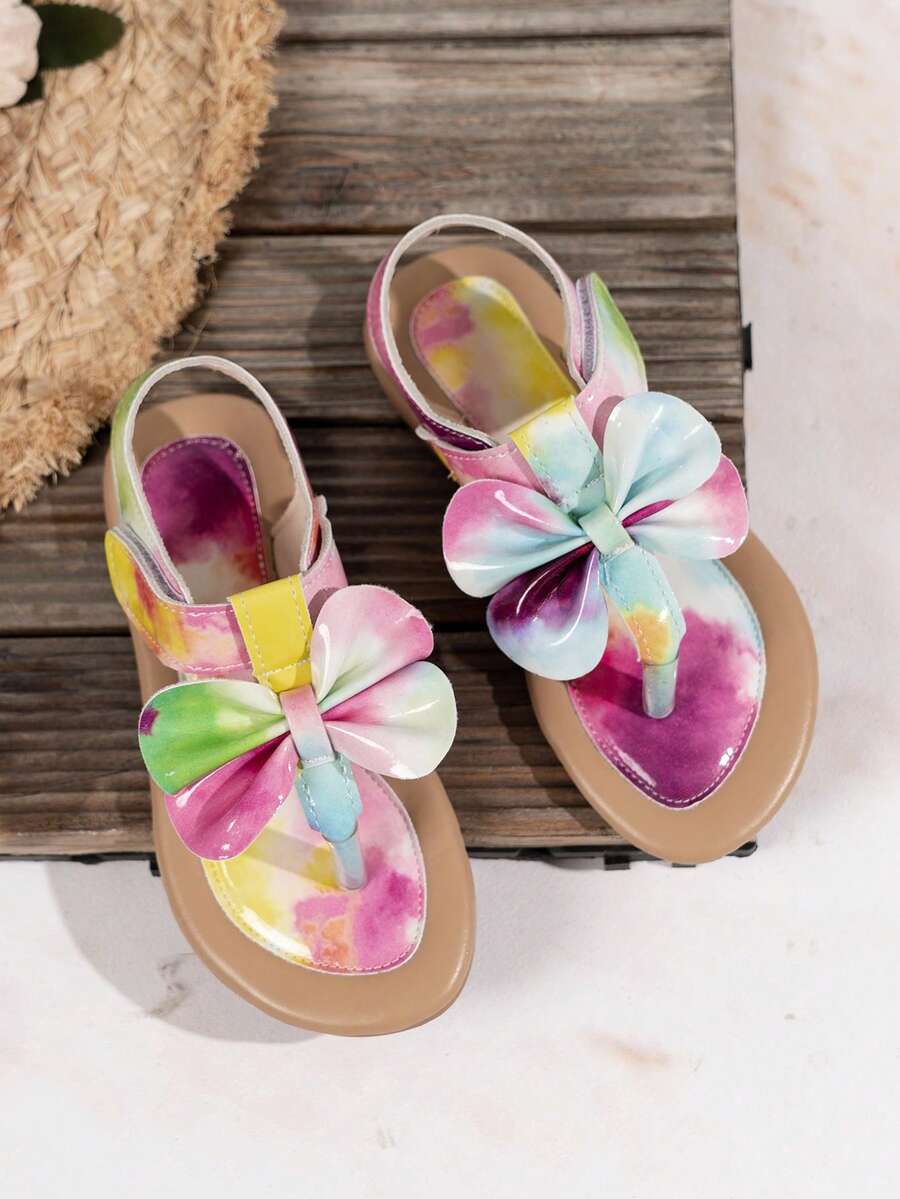 全新夏季蝴蝶结装饰人字拖凉鞋，可爱女孩日常休闲公主平底沙滩凉鞋 - 彩色 - 查看 1