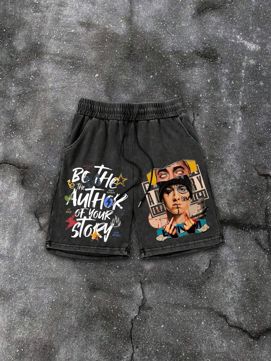Zhuo Tianxi Men's Summer Graphic Letter & Portrait Print Drawstring Waist Casual Shorts - Black - View 1