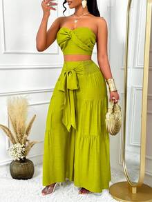 AIJ Amarilo 女士夏季假日休闲度假扭纹抹胸和褶皱阔腿裤两件套，非常适合海滩度假、旅行和度假