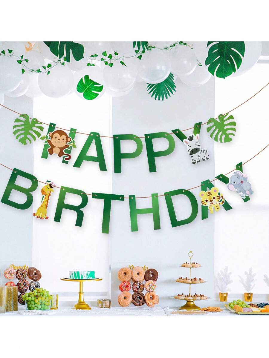 1件装【森林动物生日横幅】卡通纸质生日快乐装饰：丛林主题悬挂横幅，饰有猴子/斑马/长颈鹿/老虎/大象图案，经久耐用，易于悬挂，适用于儿童生日派对、丛林主题庆祝活动、家庭派对装饰、托儿所活动布置——非常适合幼儿、儿童、丛林爱好者以及派对策划者，可用于节日墙面/背景装饰和营造欢乐的生日氛围。