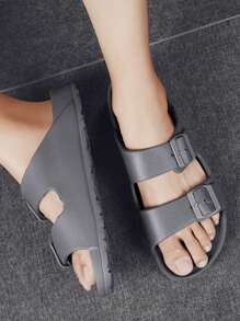 Casual Slip-On Flat Sandals, Buckle Design, Suitable For Men, Women And Teenagers, Summer Beach Wear