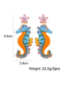 1 Pair Rhinestone Drip Oil Animal Fun Earrings For Women, Beach Vacation Seahorse Earrings Jewelry - Orange Blue - View 4