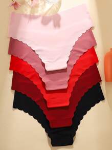 Set de 5 bragas sin costuras para mujeres, en unicolor rojo y negro, de tela cómoda y sexy con dobladillo ondulado
