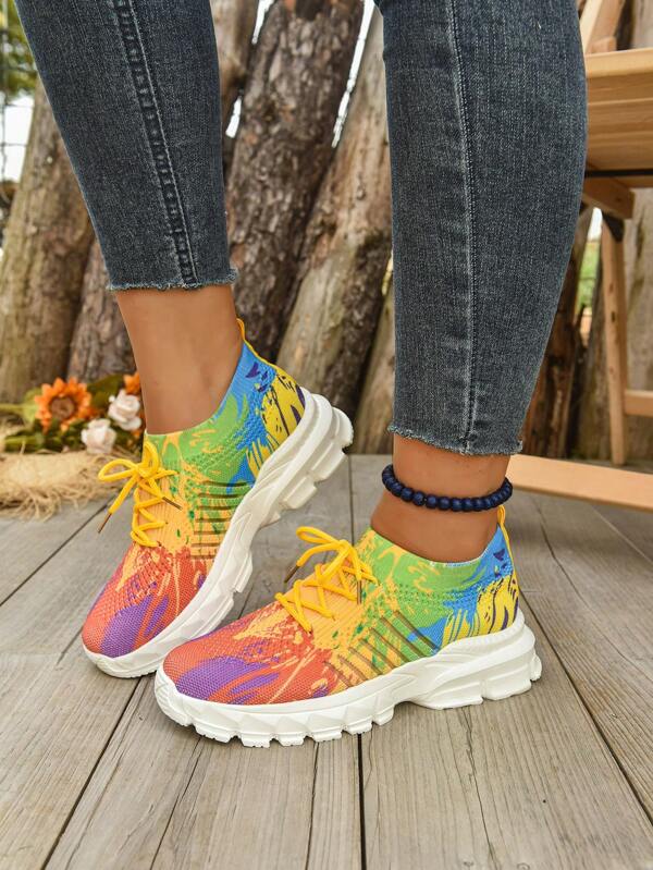 Women's Casual Sport Sneakers, Printed Design, Breathable Fabric, Low-Top Lace-Up, Soft Sole Comfortable, Suitable For Outdoor, Sports, Daily Wear, All Seasons, Knitted Fabric Casual Shoes