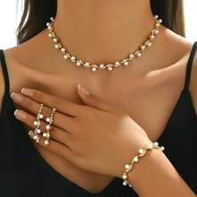 1 Set Elegant Rhinestone & Pearl Necklace Set, Fashionable In Gold Tone, Suitable For Women's Party And Daily Wear - Gold - View 1