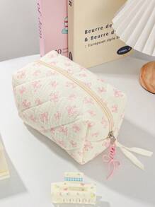 1Piece Quilted Handle Makeup Bag Small Quilted Cosmetic Bag Cute Bow Design Makeup Pouch Makeup Bag Aesthetic Travel Toiletry Bag Organizer Makeup Brushes Storage Bag For Women Bow Pencil Case For Makeup Pouch Skincare Bag Bag For School School Accessories School Stuff