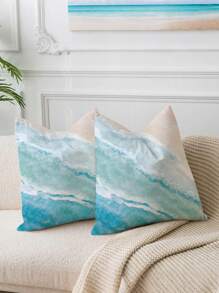 2 Pcs Wave Pattern Cushion Covers, Blue Wave Marble Textured Pillow Shams, Vacation Style Polyester Single-Sided Printing Hidden Zipper Pillow Cases, Without Pillow Inserts, Home Decor, Suitable For Summer Party, Pool Decoration, Bedroom, Living Room, Dorm, College Bedding, 45x45cm