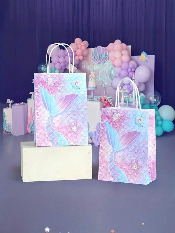 Pacote com 4 unidades de sacos de embalagem para presente com tema de sereia, sacos de papel com desenho animado adequados para festa de aniversário, embalagens para alimentos assados