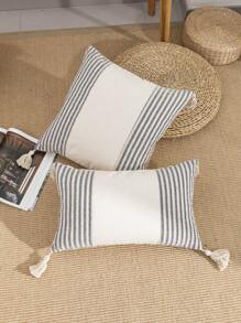 1 pieza/2 piezas Fundas de cojín con estampado de rayas grises y blancas, de tela de lona de algodón, con diseño de flecos en las cuatro esquinas, efecto bicolor, estilo nórdico para sala de estar, sofá, dormitorio, 30*50cm, 45*45cm