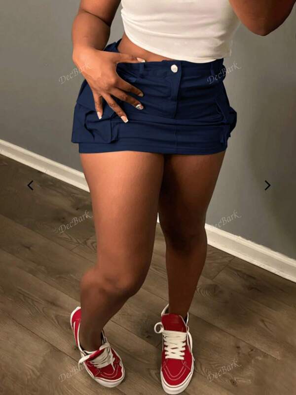 Falda midi de cargo de unicolor con bolsillos para mujer, casual de verano