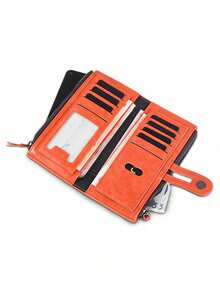 Double-Zip Long Wallet, Foldable PU Leather Coin Purse, Multi-Card Slots Clutch Bifold Zip Flat Textured Multi-Card Coin Pouch Small Bag (All Printed Letters Random) For Women Wallet Purse Wallet - Orange - View 5