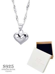 1pc Adjustable S925 Sterling Silver Smooth Heart Pendant Necklace For Women, Hypoallergenic, Simple&Elegant Sweater Chain, Suitable As Valentine's Day Or Christmas Gift For Girlfriend