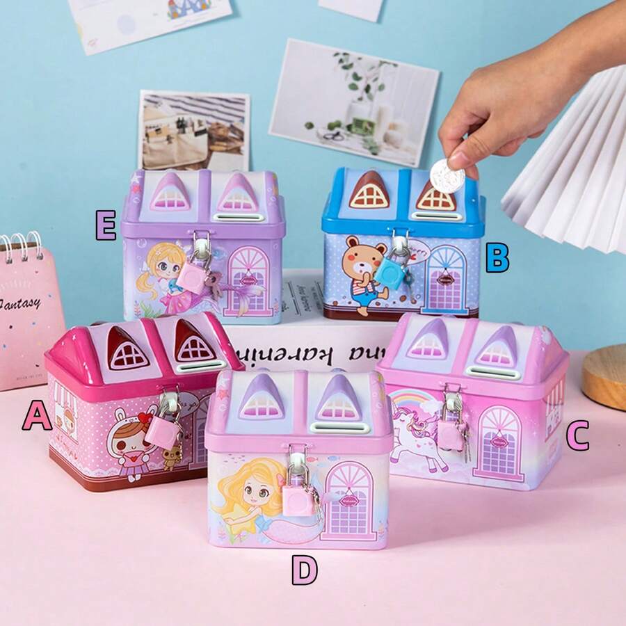 1pc Metal Piggy Bank, Cartoon House Shaped Metal Coin Bank With Lock Best - Multicolor - View 1