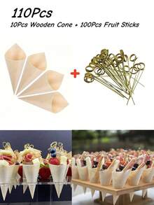 10 piezas de soportes de cono de madera con 100 piezas de pinchos para frutas, adecuados para aperitivos, alimentos para el dedo, frutas, postres y helados, ideales para aperitivos, fiestas y reuniones - Multicolor - Ver 1