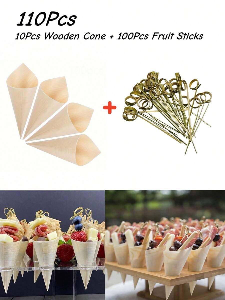 10 piezas de soportes de cono de madera con 100 piezas de pinchos para frutas, adecuados para aperitivos, alimentos para el dedo, frutas, postres y helados, ideales para aperitivos, fiestas y reuniones - Multicolor - Ver 1