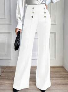 Calça Pantacourt Regular de Cintura Alta Elegante com Abotoamento Duplo Peito para Mulheres Plus Size, Tecido de Malha 180g