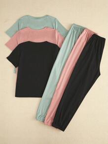 6pcs/Set Women Summer Short Sleeve Top & Pants Solid Color Casual Sleepwear Set Outfit