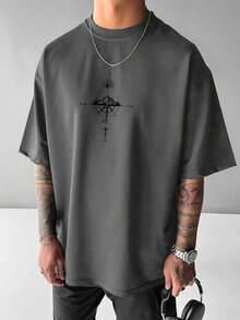 Plus Size Men's Nautical Map Print Short Sleeve Crew Neck T-Shirt, Summer - Dark Grey - View 2