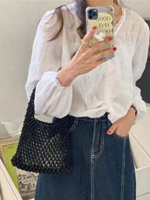 1pc Bohemian Style Woven Tote Bag, Striped Woven Handbag, Beach Bag, Casual Versatile Hollow Woven Handbag, Beach Bag