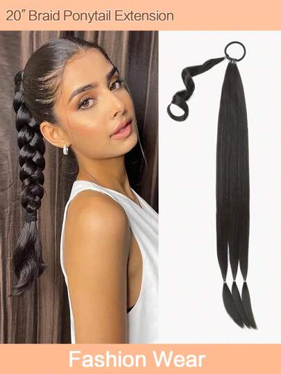 Braid Ponytail Extension With Elastic Tie Straight Sleek Wrap Around Braid Hair Extensions Ponytail Natural Soft Synthetic Hairpiece Black Brown 20 Inch(After Braided 18 Inch)