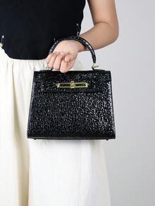 2026 Premium  Summer New Women's Fashion Handbag, Crocodile Pattern Platinum Bag, OL Office Commute Versatile Tote, Lightweight Structured Mini Square Bag, Versatile Commuting Shoulder Crossbody Bag - 黑色 - 查看 6