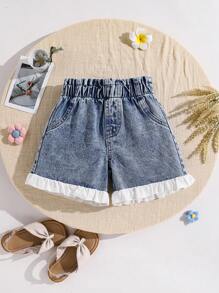 Shorts vaqueros blancos informales y lindos con dobladillo fruncido para niña, primavera/verano