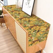 1pc Green Plant & Leopard Printed Table Runner, Suitable For Festivals, Parties, Birthdays, Dinners, Kitchen, Dining Room, Room Decor, Home Textile Decoration, All Seasons