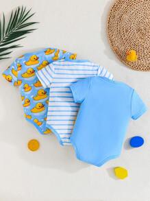 3pcs/Set Cute Duckling Print Baby Outdoor Casual Romper, Short Sleeve Snap-Up Triangle Bodysuits, Comfortable Easy-To-Wear Summer New Arrival