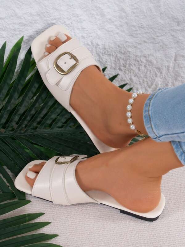 Women's Summer New Flat Sandals, Comfortable Slip-On Metal Buckle Shoes Suitable For Dates, Outings, Beach, Parties, Fashion Versatile Slippers