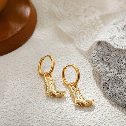 زوج من أقراط الحلقة من الستانلس ستيل مع سحر حذاء كاوبوي وقلادة، تصميم قابل للإزالة للارتداء اليومي والعطلات