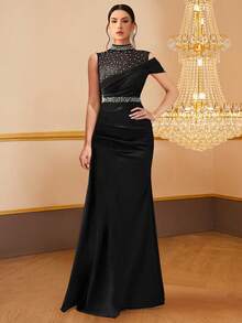 Sleeveless High Collar Mesh Patchwork Rhinestone & Pearl Translucent Sexy Dress, Party Dress, Prom Dress - Black - View 1