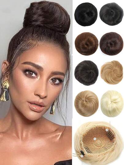 Synthetic Clip-On Hair Bun Elastic Band Straight Hair Black-Brown Chignon Extension Scrunchie Hairpiece For Women