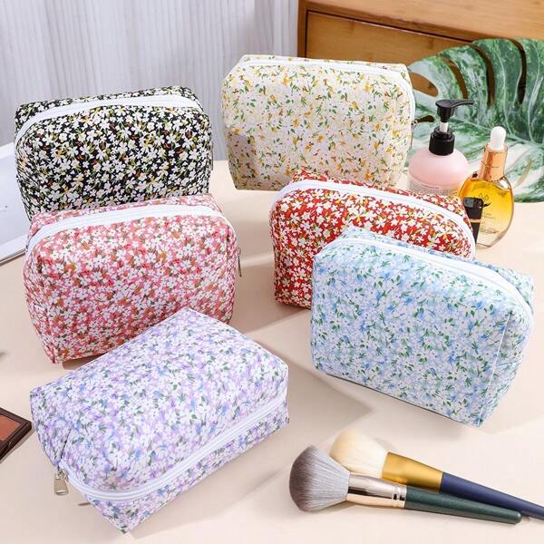 Borsa per il trucco con stampa floreale ditsy, kit da viaggio multifunzionale rosso fuoco per l'assistenza sanitaria e il trasporto di articoli da toilette