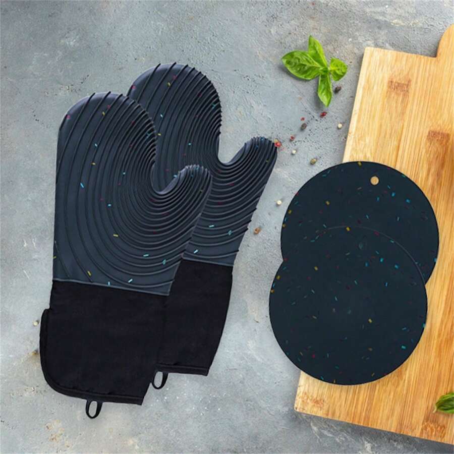 Juego de manoplas y agarraderas para horno de silicona resistentes al calor, protector de dedos y agarradera para microondas. - Gris Oscuro - Ver 1