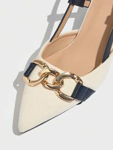 女士撞色链条装饰粗跟露趾高跟鞋，优雅百搭，适合日常通勤、派对、正式场合，四季皆宜，蓝色，优雅 - 藍色 - 查看 8