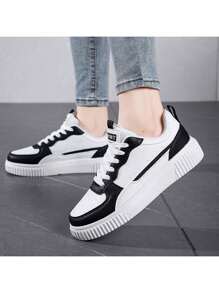 Unisex Sneakers, Versatile Lace Up Low Top Shoes For Outdoor Sports, Walking, Black & White, Plus Size