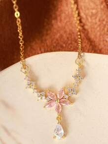 1pc Elegant Copper-Inlaid Zirconia Teardrop & Flower Pendant Necklace, Fashionable & Versatile Choker Necklace, Great Gift For Friends