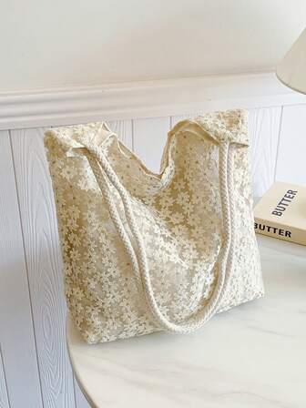 大容量编织托特包女夏季新款钩针棉绳手提包花卉镂空设计沙滩单肩包