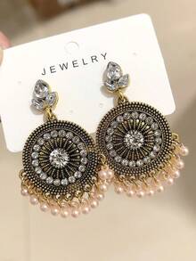 1 Pair Vintage Style Round Crystal Rhinestone Teardrop Statement Earrings For Women - Bronze - View 12