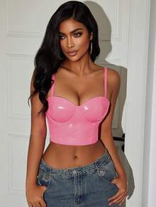 Apperloth A Rave Valentine's Day Spaghetti Strap PU Leather Corset Bustier Crop Cami Top Sexy Music Festival - Hồng - Xem 3