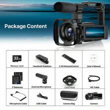 Nicamery 2025 新款 2.7K 高清视频博客相机，36MP 摄影图像分辨率，16 倍数码变焦 Vlog 相机，带外置麦克风、镜头盖、稳定器、遥控器、2 块电池和 32GB 存储卡，适合家庭视频录制 - 黑色 - 查看 8