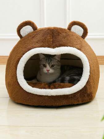 1pc Cute Cat Bed, Bear Shape, Comfortable, Breathable Plush Pet Bed Suitable For Small, Medium And Large Cats To Sleep All Year Round